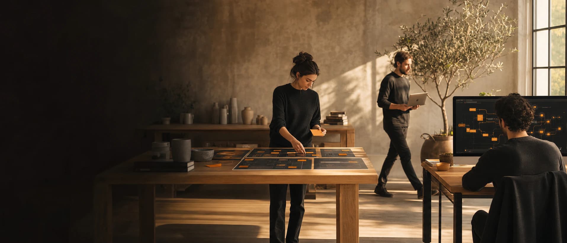 Refig studio team reviewing AI systems in a warm modern workspace