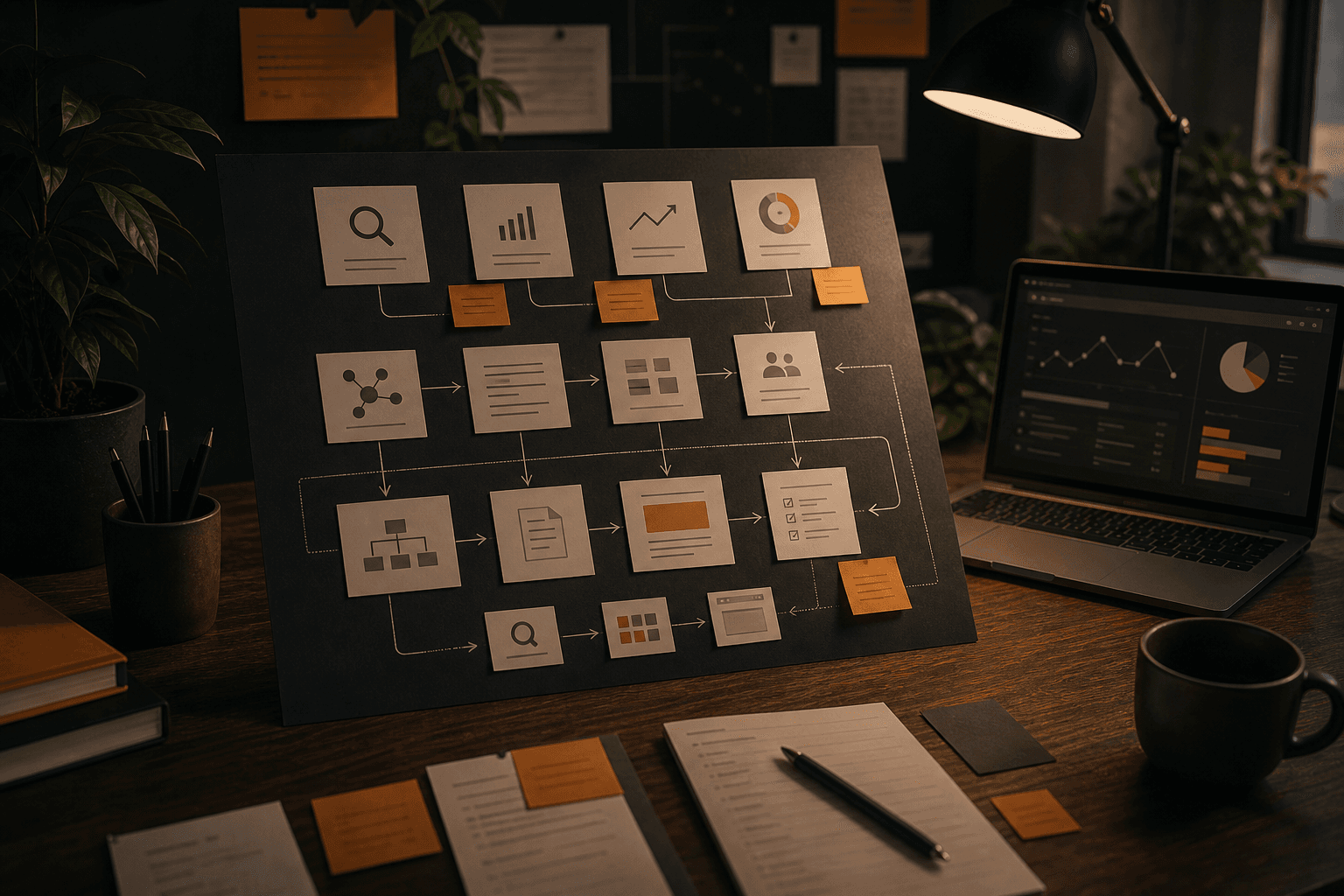 Generate an editorial blog card image about AI and Ops: search analytics dashboard, AI keyword map, modern workstation, crisp neutral palette.