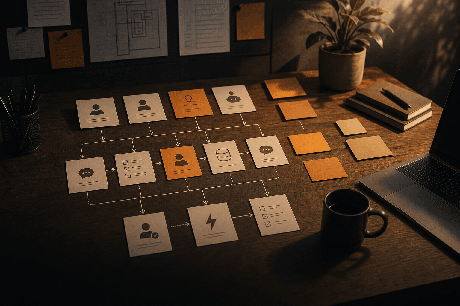 Generate a premium editorial blog card image for an AI agent article: workflow map, agent cards, refined interface samples, warm studio lighting, neutral background.