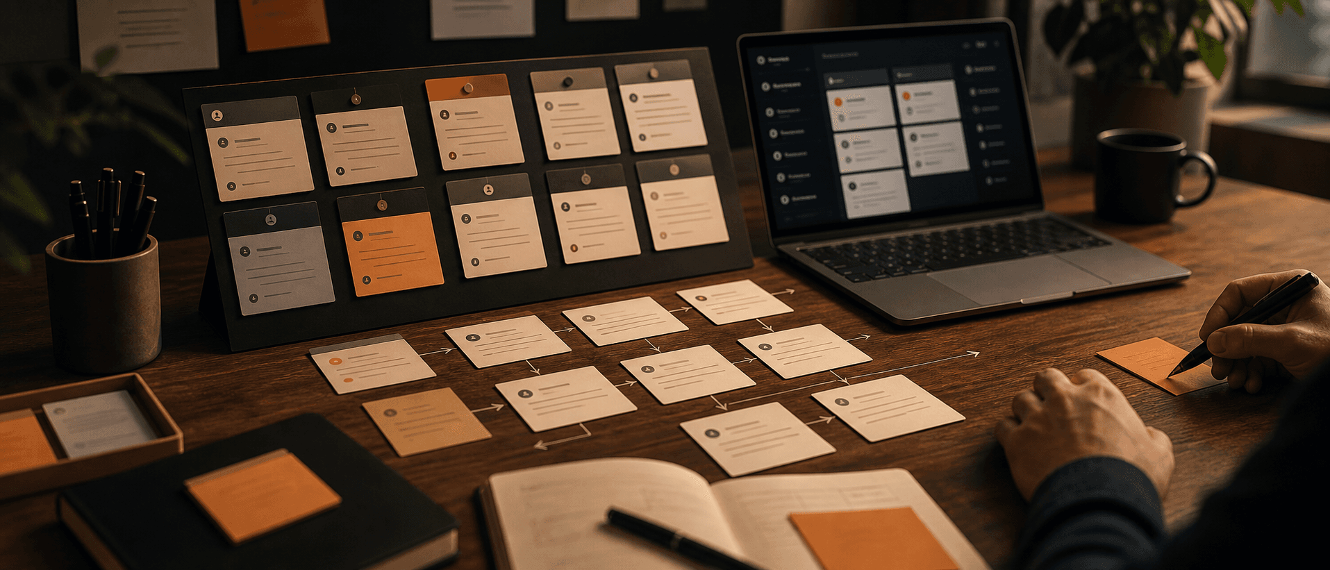 Generate an in-article editorial image showing an AI triage queue with labeled cards, operator review controls, soft neutral workspace, orange accent, premium SaaS detail.