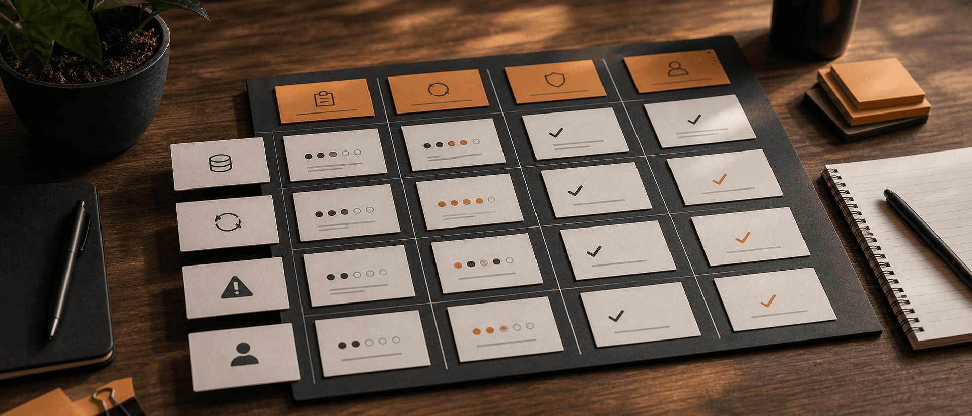 Generate an in-article image of an automation scoring matrix with input quality, repeatability, risk, and review columns, premium neutral UI.