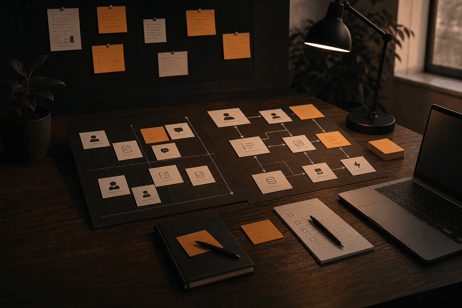 Generate an editorial blog card image about automation prioritization: decision matrix, workflow cards, polished software desk, warm professional lighting.