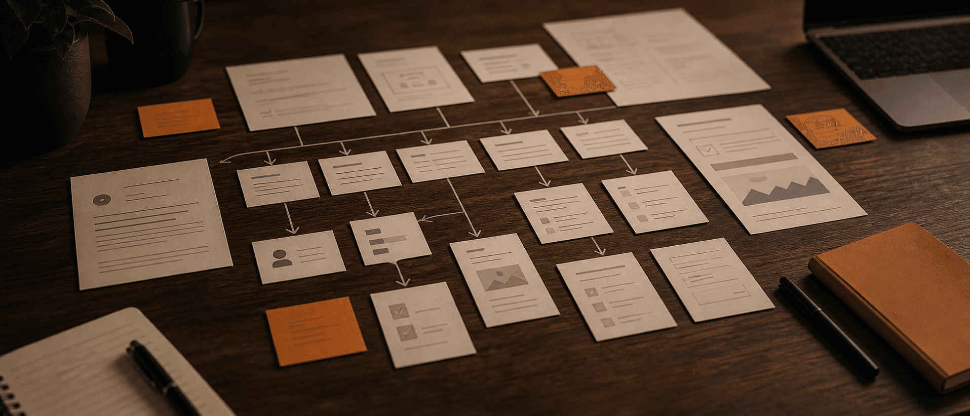 Generate an in-article image of structured content blocks, search intent map, answer engine snippets, refined neutral workspace with orange highlights.