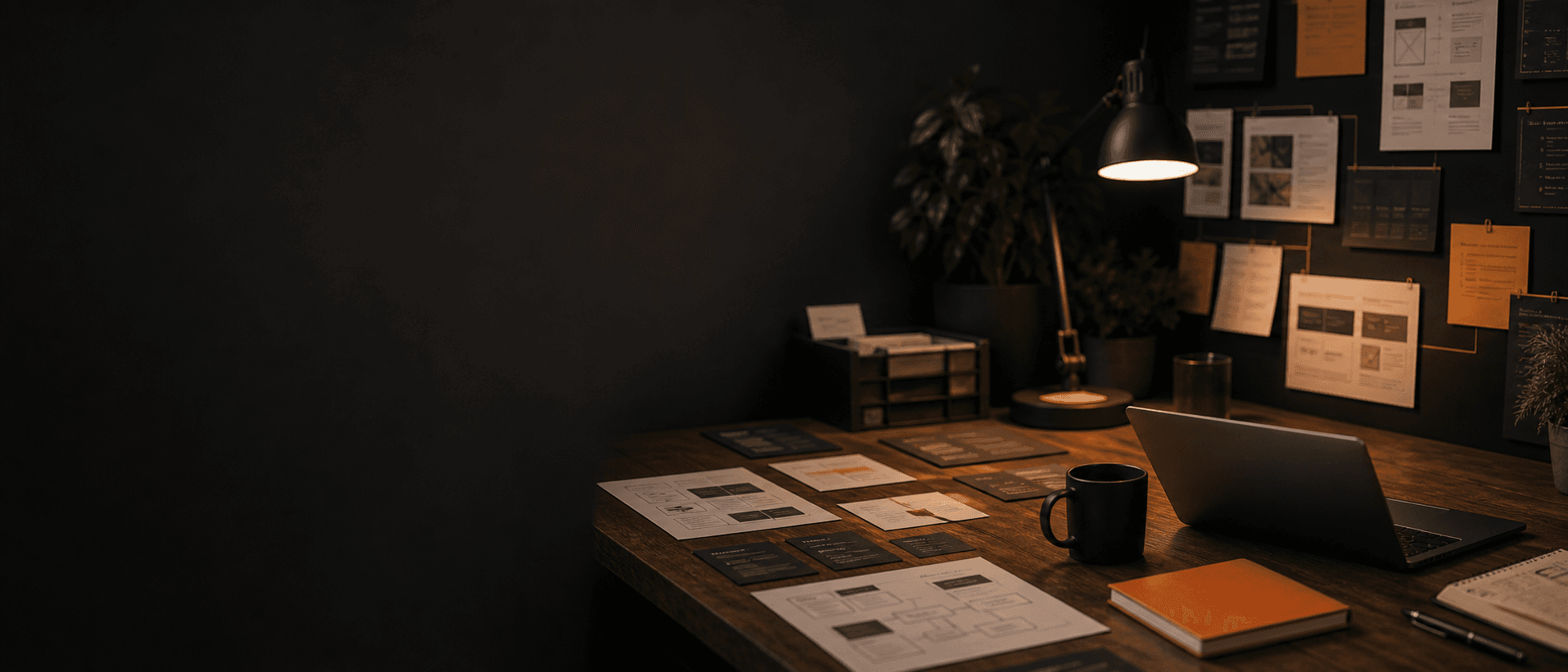 Editorial desk with AI implementation articles and product cards