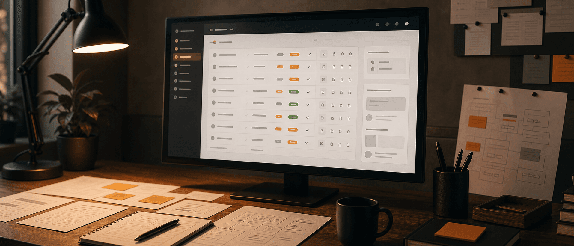 Generate an in-article image of an internal app screen with dense task rows, status chips, quick actions, calm neutral UI, subtle orange accent.