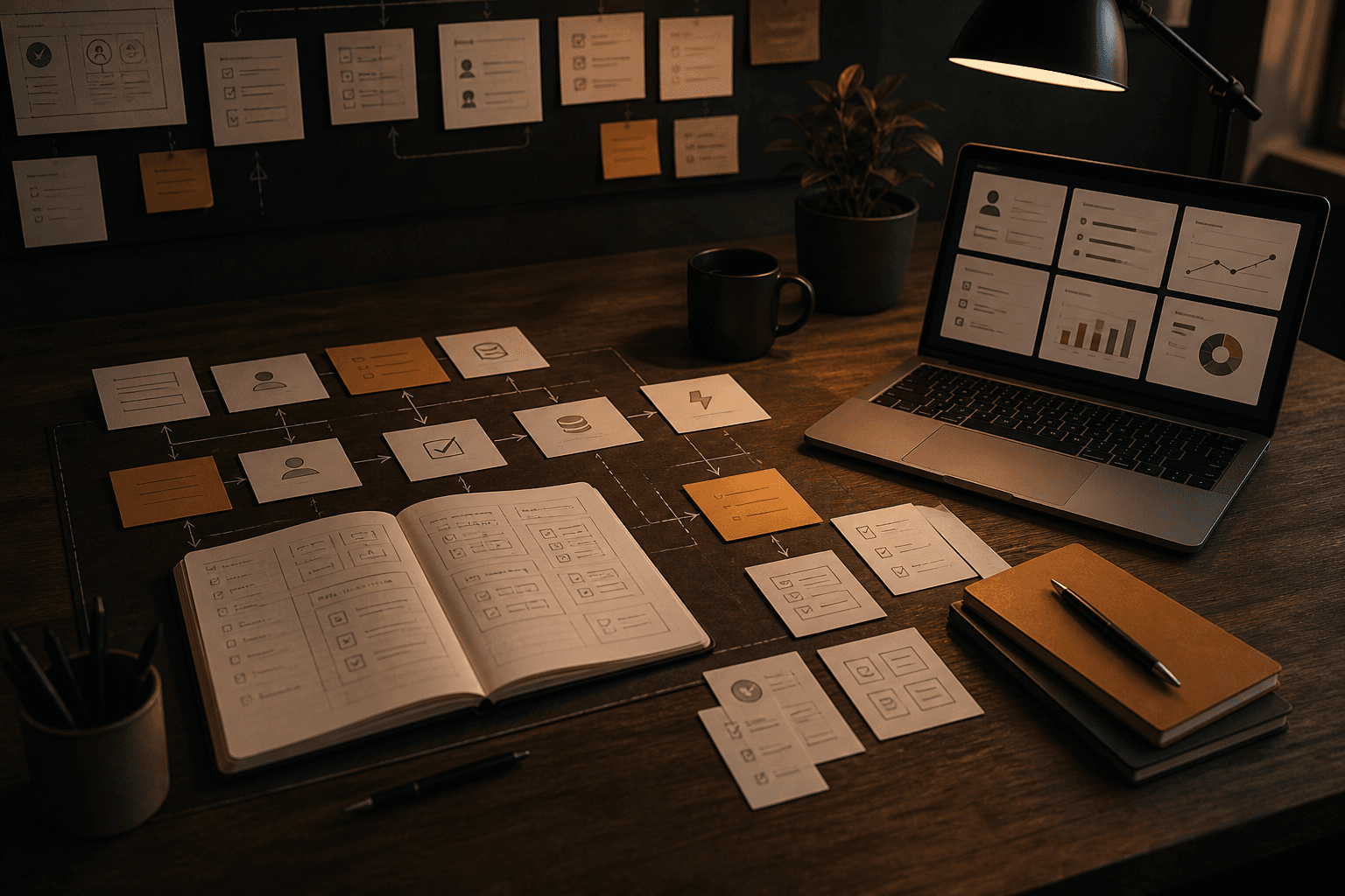 Generate an editorial blog card image about internal applications: operator notes, workflow cards, dashboard sketches, soft neutral tones.