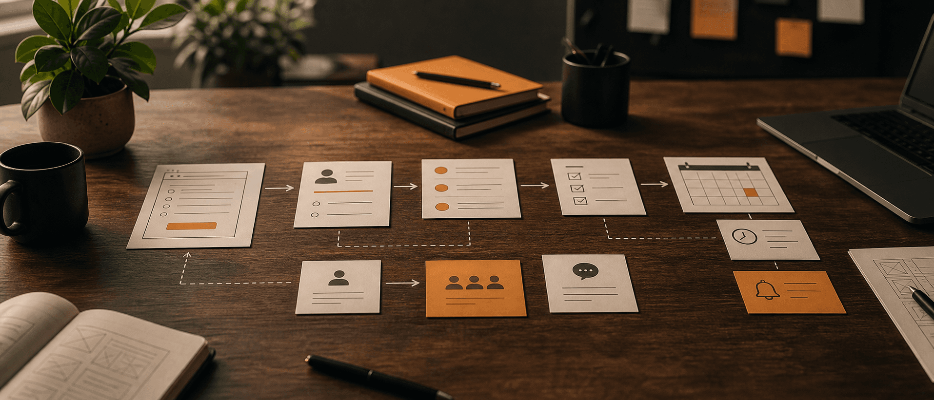 Generate an in-article image of a website form feeding CRM records, task cards, and calendar actions, warm editorial product style, neutral background.
