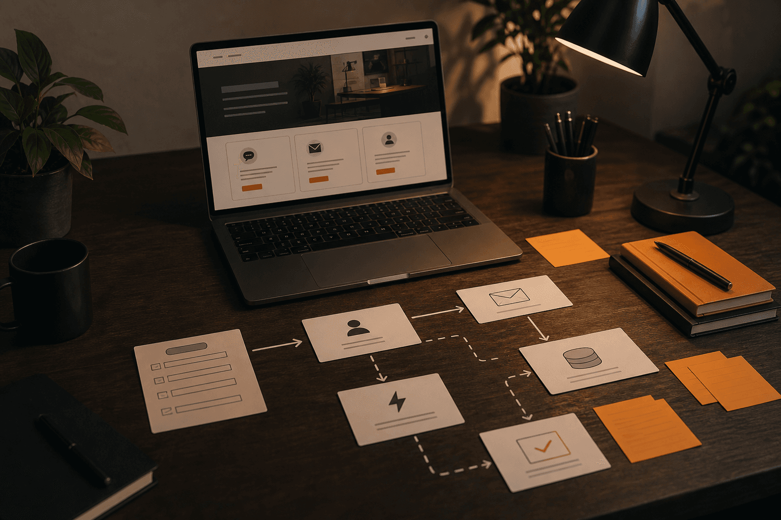 Generate an editorial blog card image about automation-connected websites: routed forms, CRM cards, notification flows, clean product studio, warm daylight.