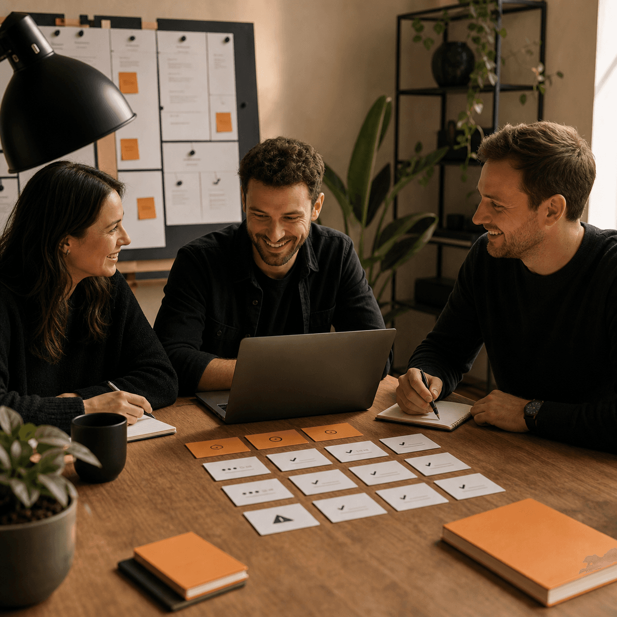 Small AI implementation team mapping a workflow at a warm studio table