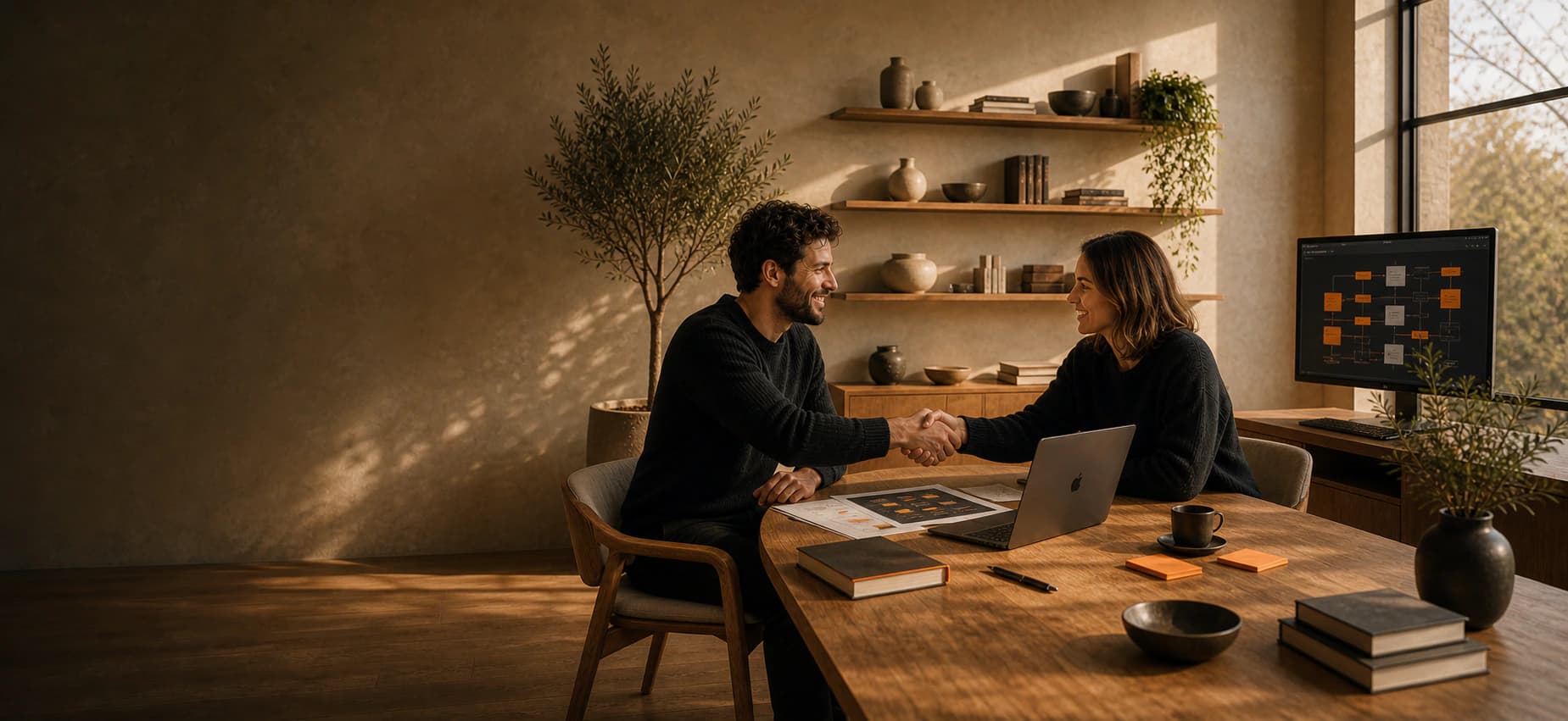 Two people happily shaking hands in a warm Refig studio meeting space