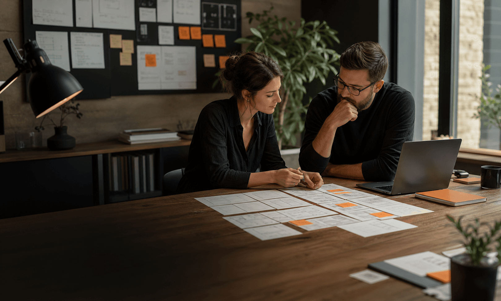Generate a wide studio image for Refig: product strategist and engineer mapping AI workflows on a wall, neutral office, warm daylight, polished editorial style.