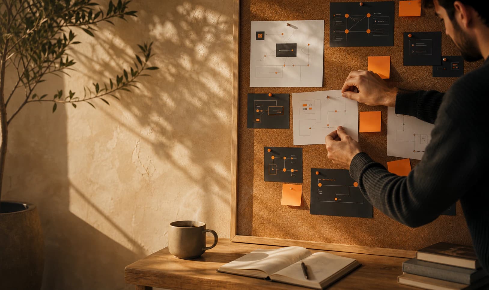 Hands arranging workflow cards and orange notes on a warm studio strategy wall