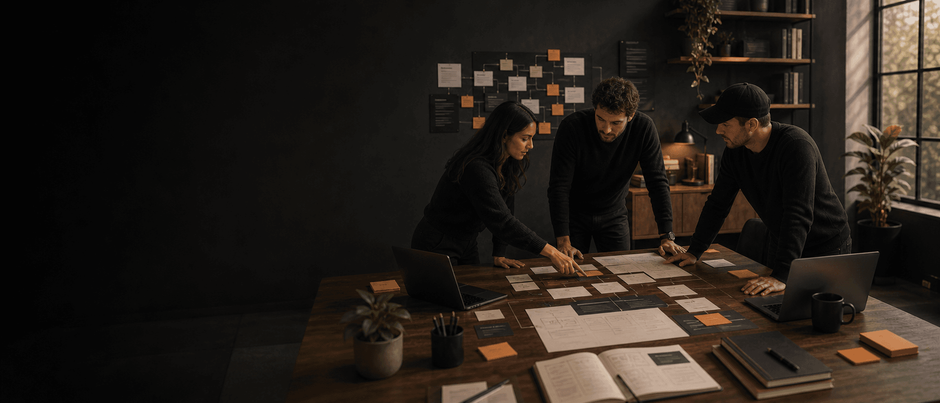 Generate a full-bleed hero image for Refig: AI implementation team in a refined studio, agent dashboards on glass monitors, warm shadows, orange accent, cinematic business photography.