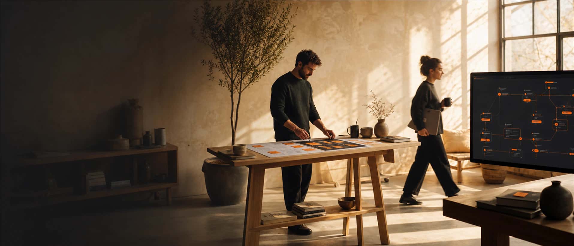 Builder team working in a sunlit studio with workflow cards and an orange node diagram