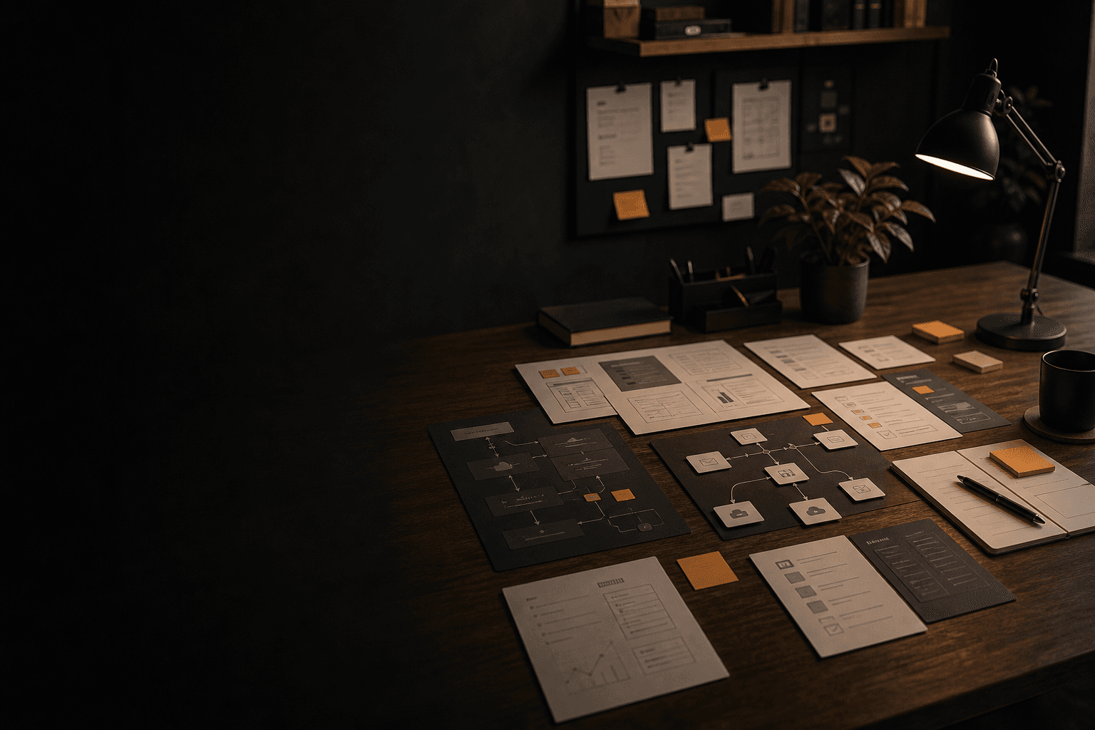 Generate a wide pricing detail image for Refig: layered automation boards, app wireframes, integration nodes, subtle orange highlights, dark polished background.