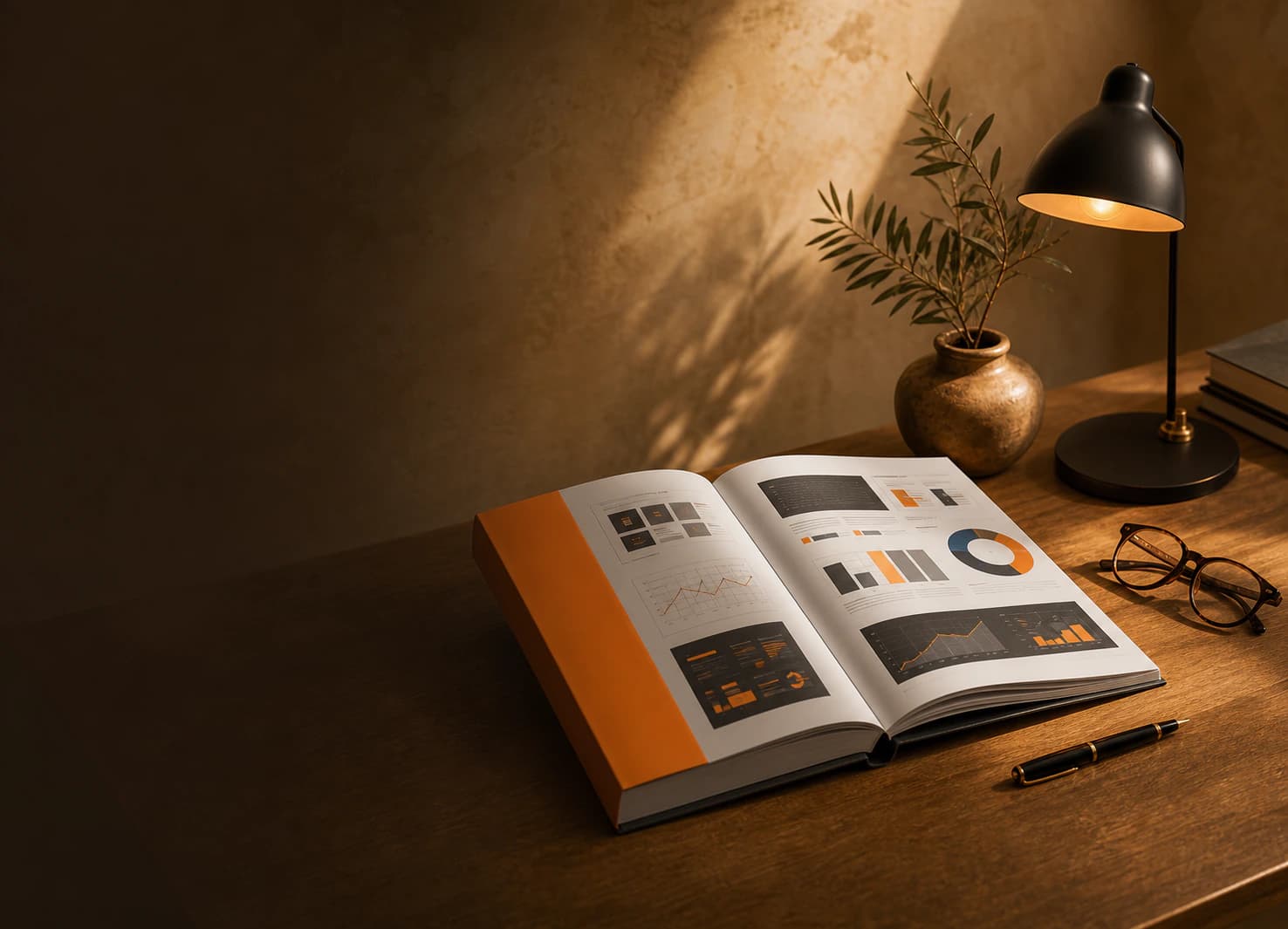 Open AI analysis report on a warm oak desk with orange details