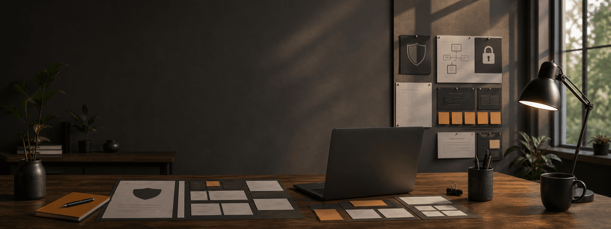 Generate a wide data handling hero for Refig: secure AI workflow workspace, privacy documents, subtle shield motif, premium studio styling.