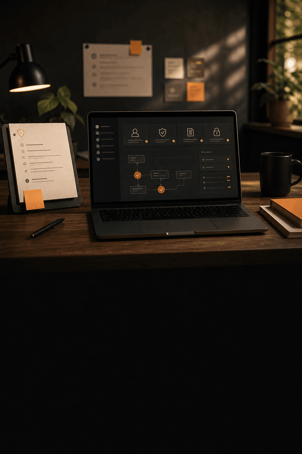 Generate a mobile data promise hero for Refig: secure workflow dashboard, access-control document motif, warm orange accent, dark polished background.
