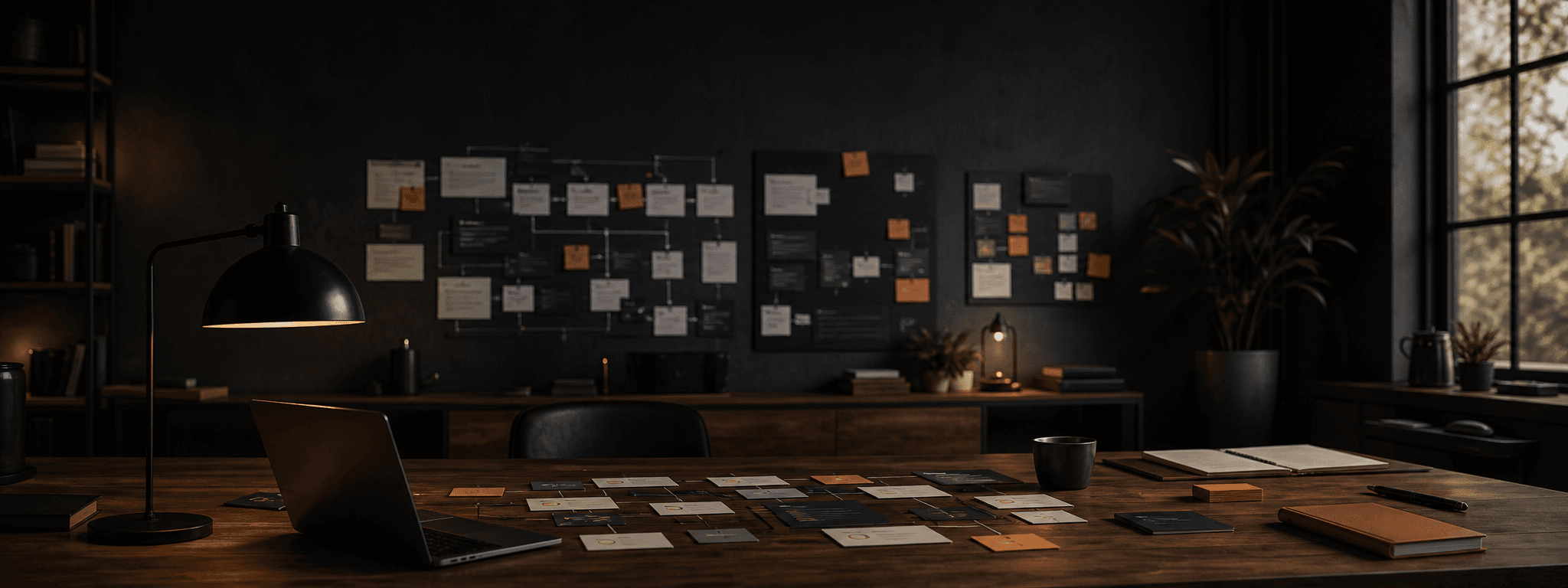 Generate a wide process hero for Refig: automation command center, workflow cards, premium product interface direction, deep warm shadows, orange accent lighting.