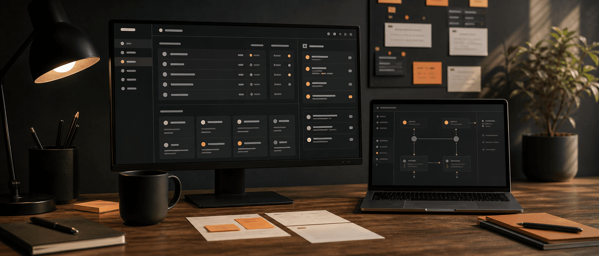 Generate a wide automation dashboard mockup: intake queue, agent status cards, polished product presentation lighting, premium interface detail.