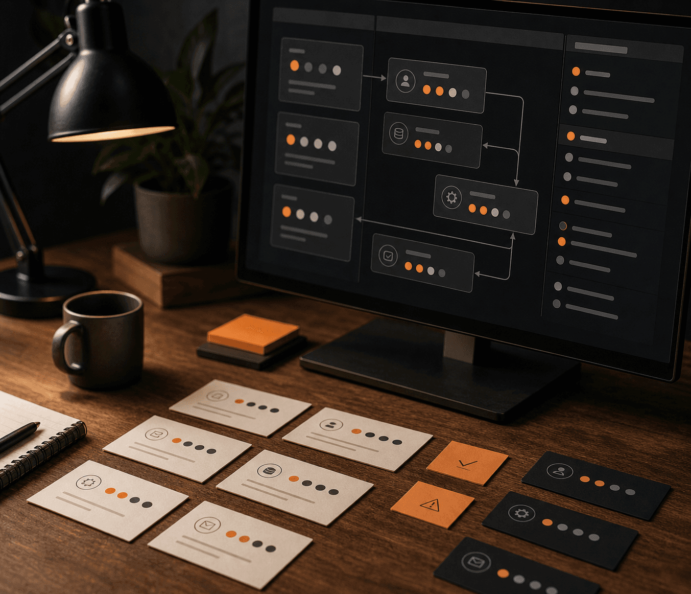 Generate a close-up image of an automation status board for a case study: crisp interface highlights, premium software product style.