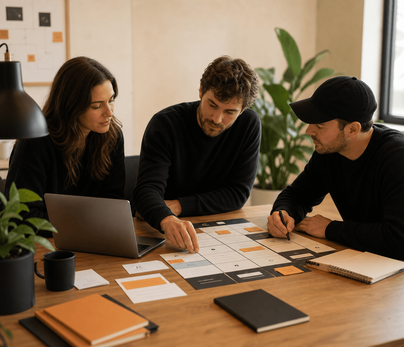 Generate a bright team workflow scene for an automation approach section: warm daylight, modern workspace, product-team composition.