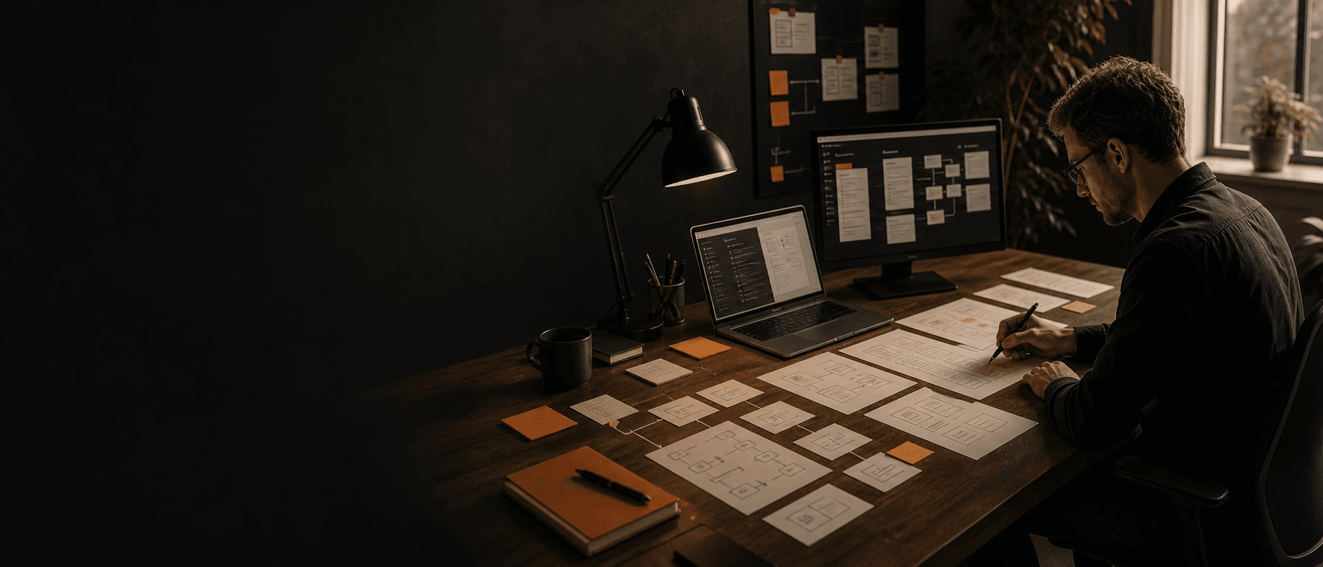 Operator reviewing AI workflows, custom app screens, and automation diagrams