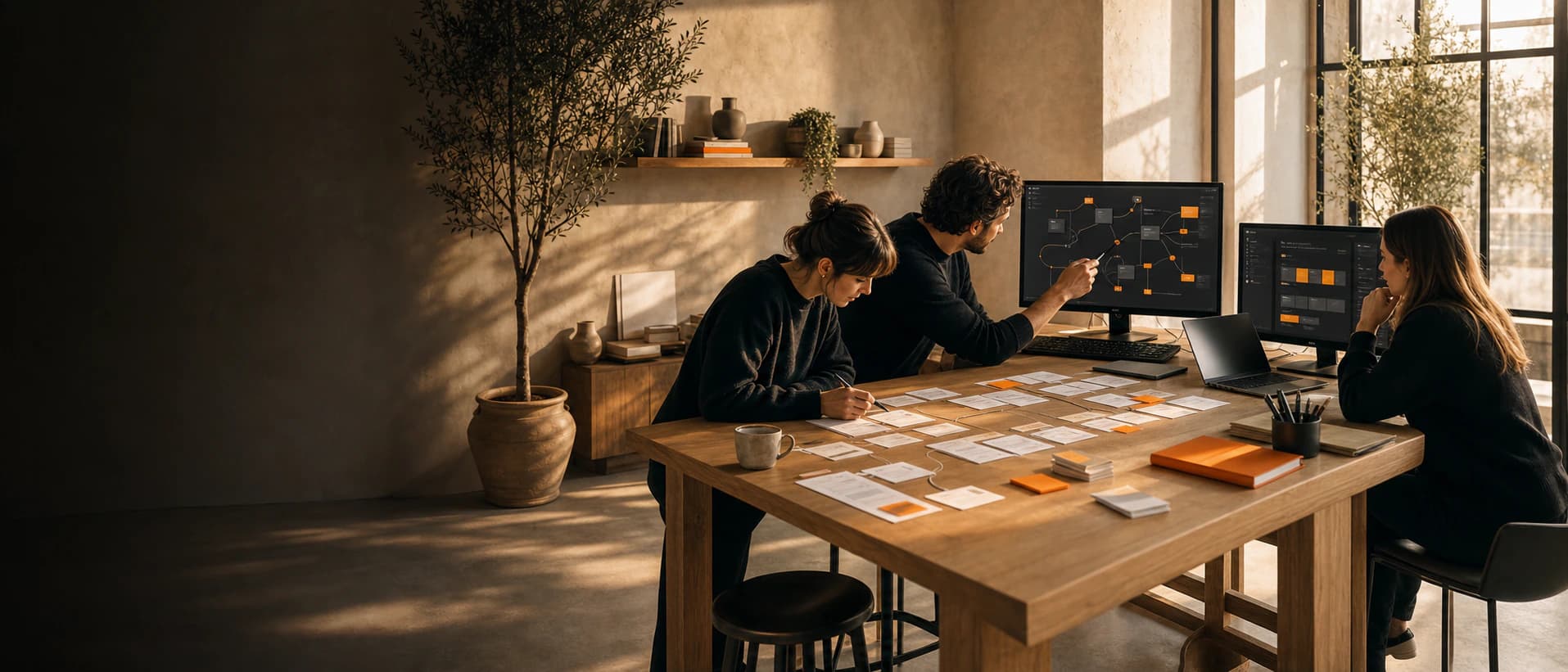 Operator reviewing AI workflows, custom app screens, and automation diagrams