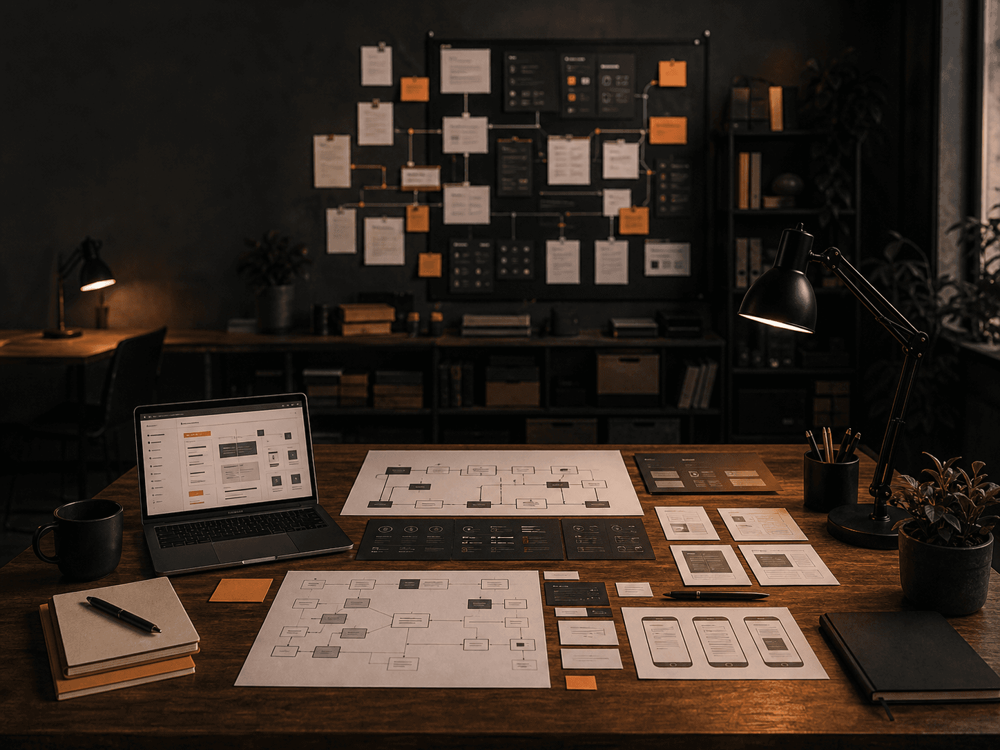 Generate a dark implementation studio scene: operator journey map, AI agent logic panels, app dashboard sketches, warm orange task lights.