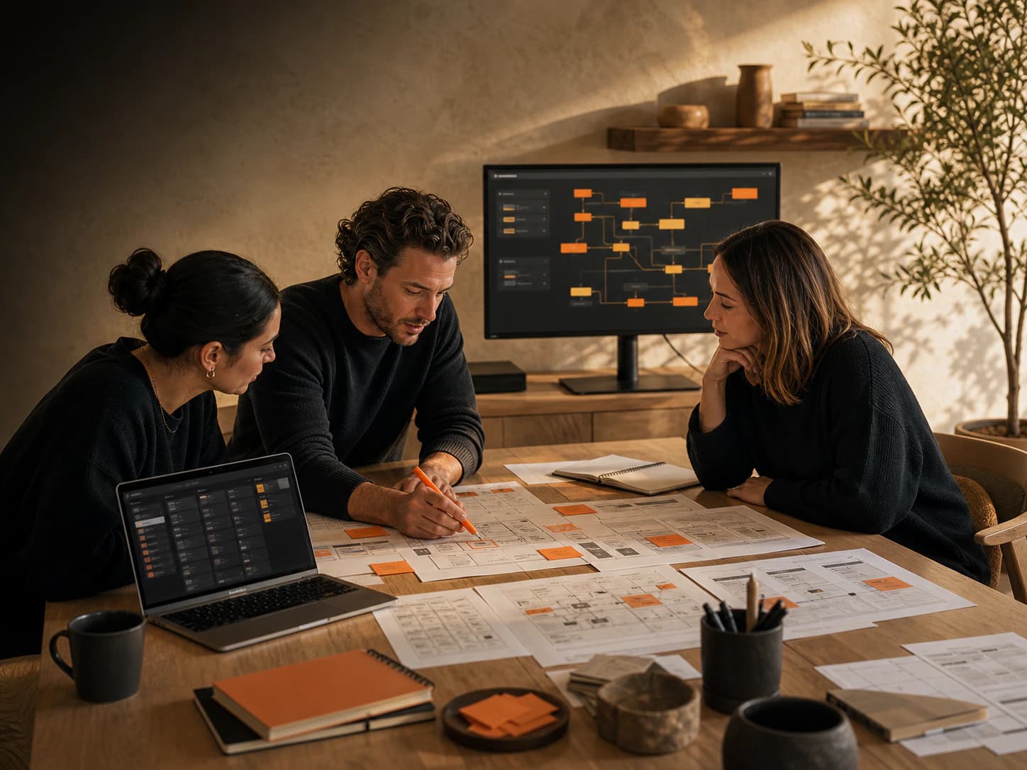 Operators mapping workflows in a warm studio
