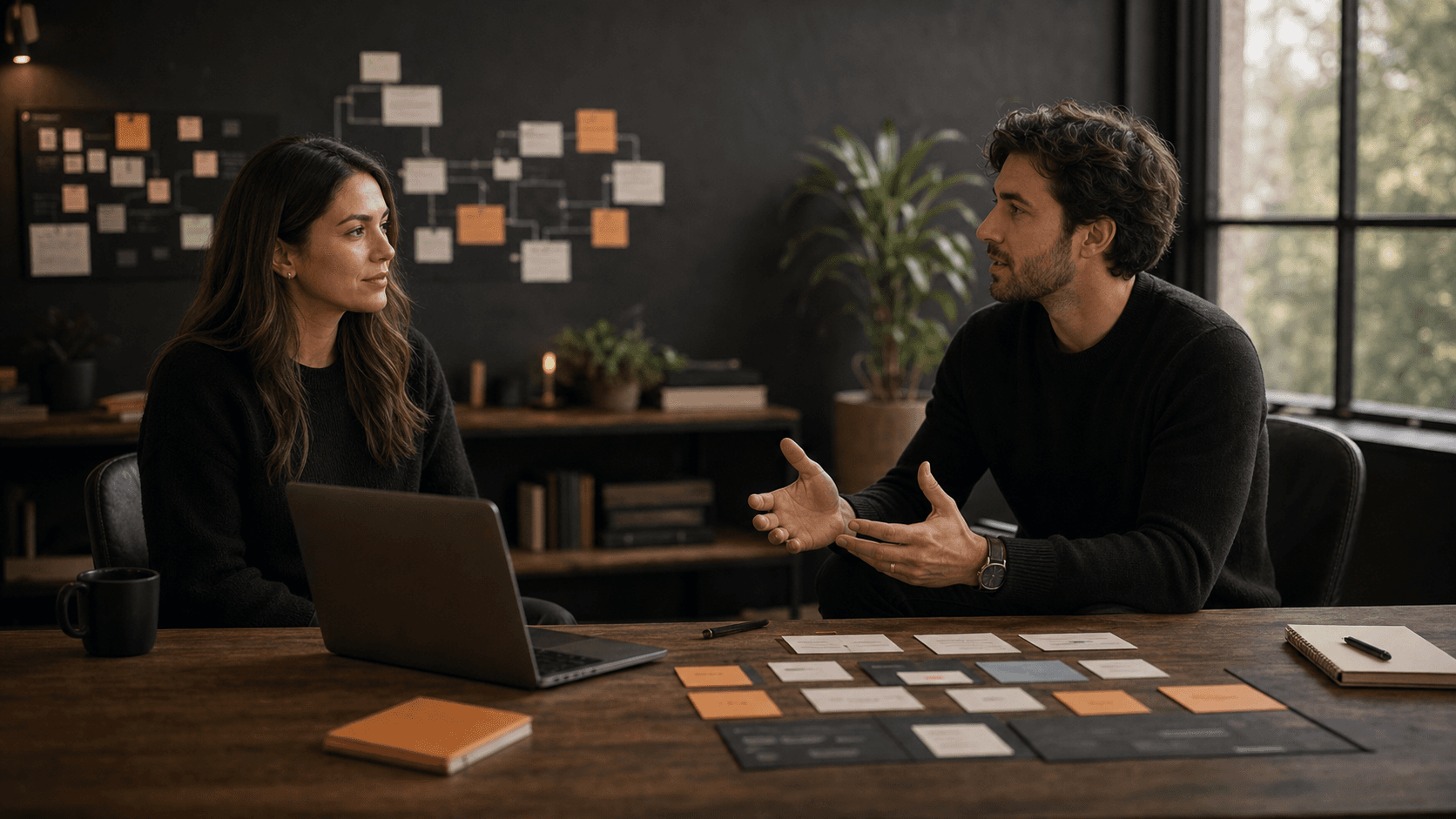 Generate a cinematic 16:9 video testimonial still in a modern AI implementation studio: two professionals talking near a desk, soft daylight, warm neutral tones, shallow depth of field, subtle dark overlay for a centered orange play button.