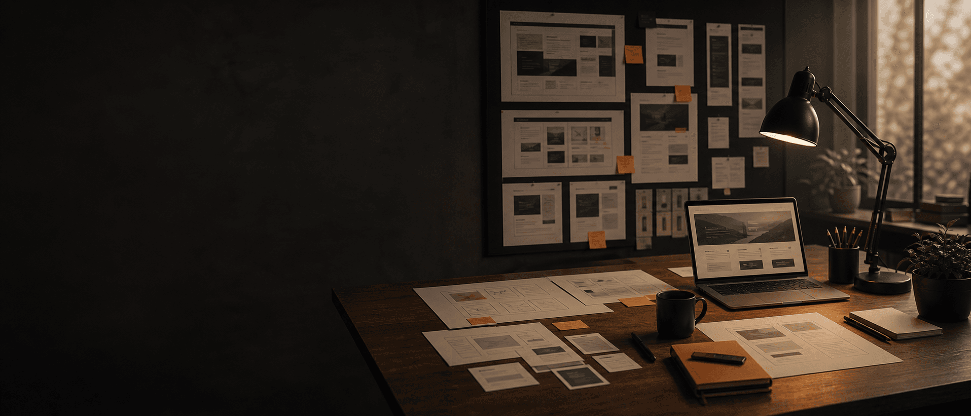 Generate a wide editorial photo of a design strategy desk: laptop edge, notebook, and printed analytics charts viewed from above, moody daylight, dark stone tabletop, subtle warm shadows.