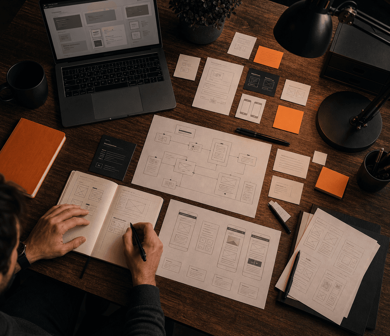 Generate an overhead app planning desk photo: laptop, coffee, workflow notes, wireframe sketches, engineer hand annotating, dramatic side light.