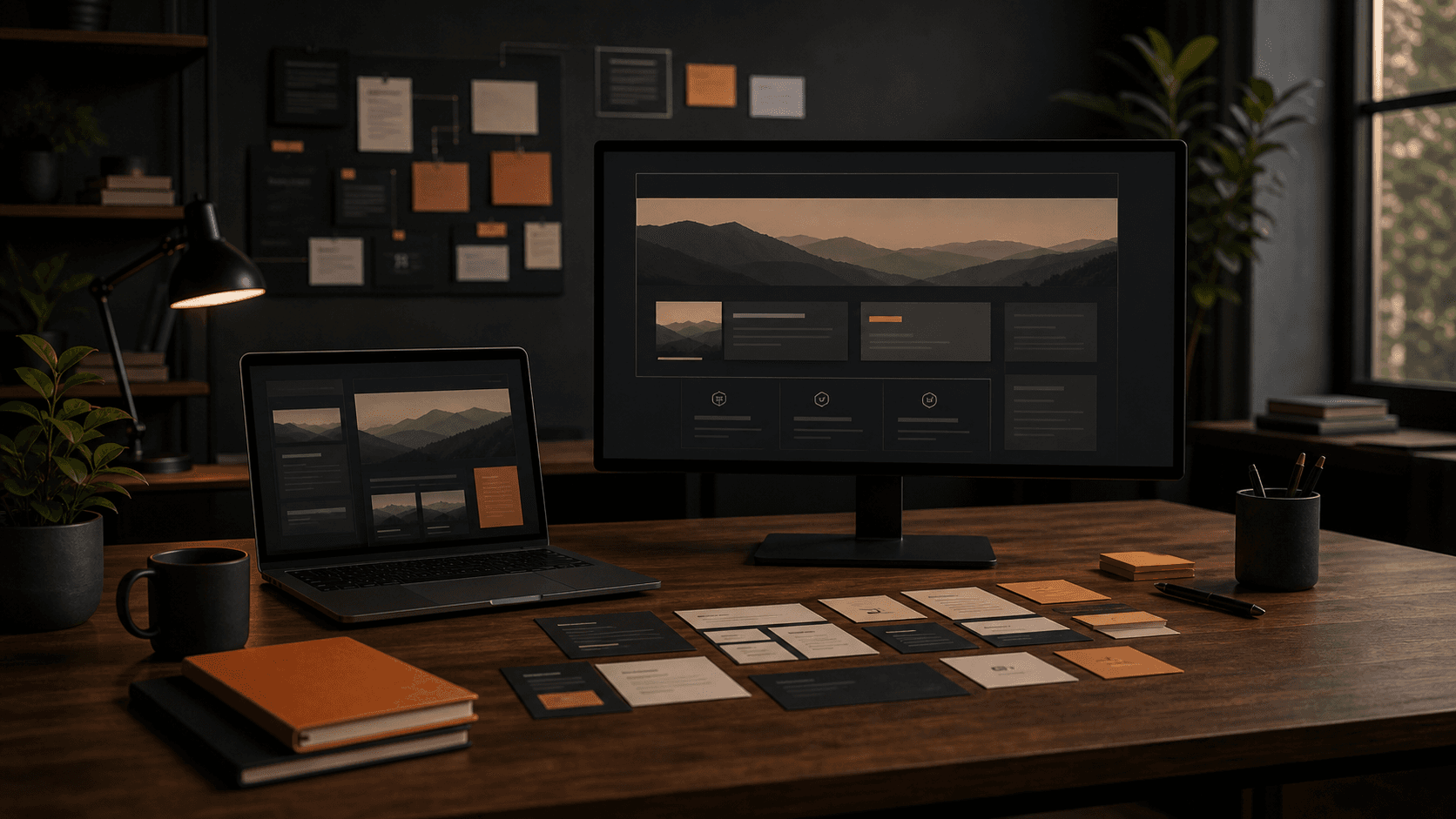 Generate a cinematic 16:9 product demo still with soft glass interface reflections, deep burgundy and muted teal shadows, gentle dark overlay, centered orange play button.