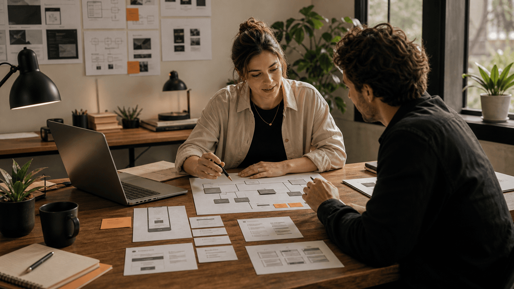 Generate a bright design workspace photo: designer hands on laptop showing wireframe ad layouts, wooden desk, color wheel, green palette swatches, pencils, plant, and small white bust sculpture.