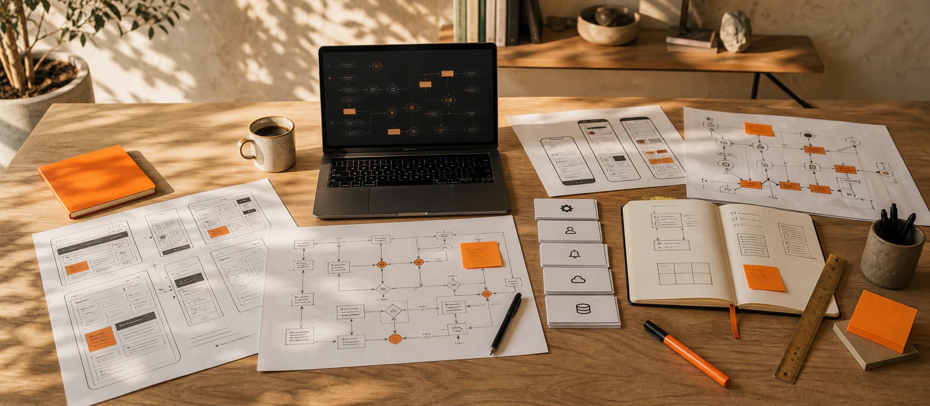 Website build set with wireframes, automation maps, and integration cards