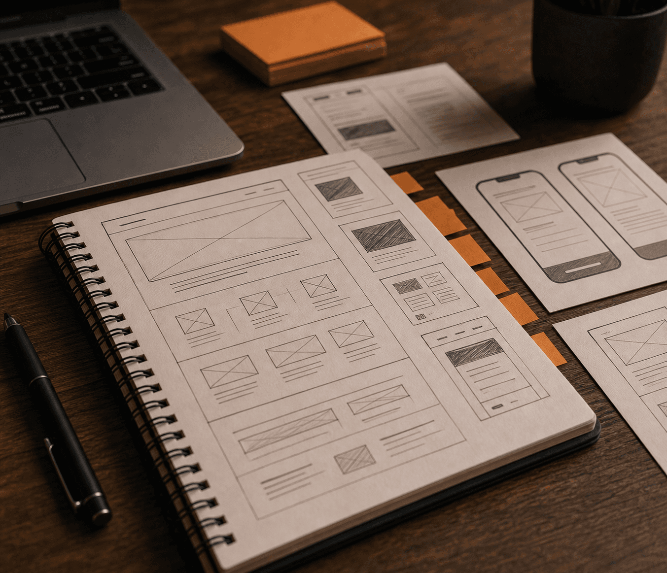 Generate a close-up photo of a spiral notebook with hand-drawn website wireframes, blue pen, and phone on a warm desk, shallow depth of field.