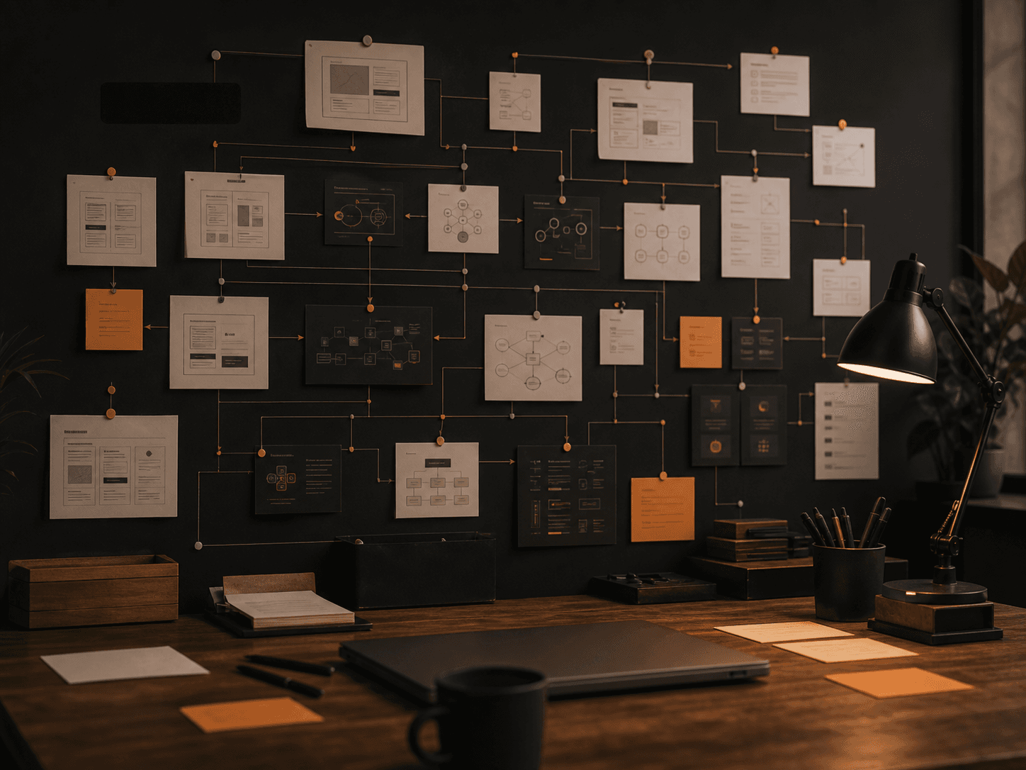 Connected workflow diagrams and automation interface panels on a strategy wall