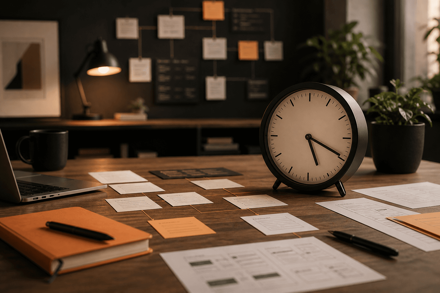 Analog clock on a strategy desk with orange launch workflow accents