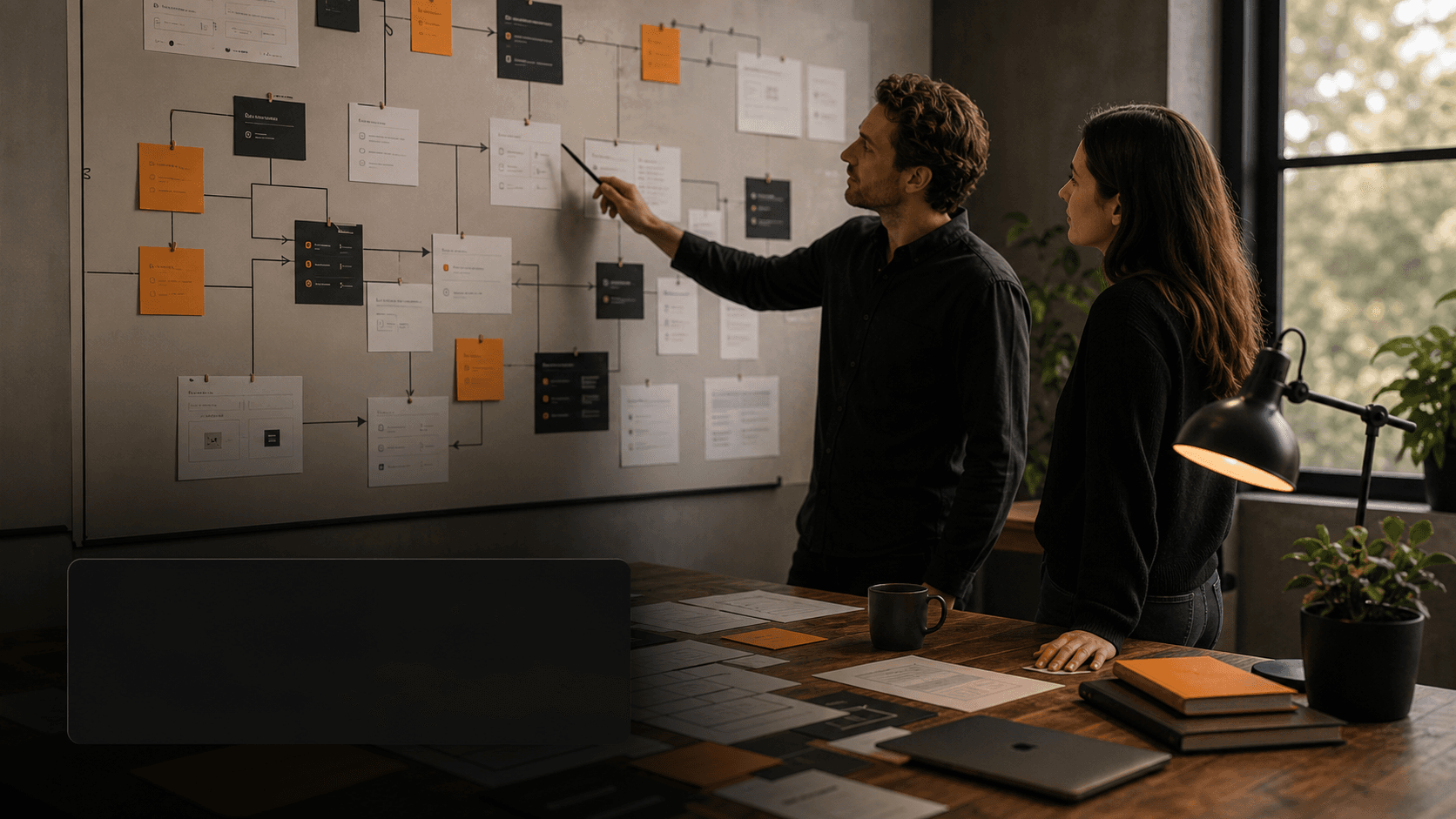 Operators mapping AI workflow lanes across a neutral planning wall
