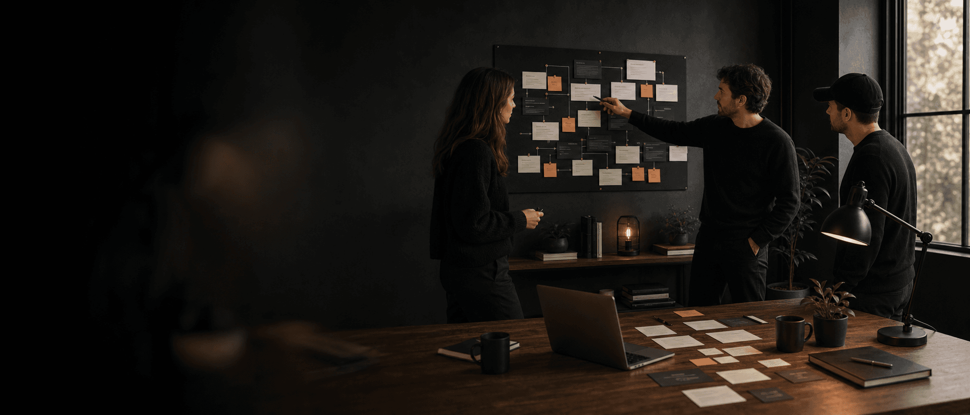 Team reviewing a growth framework on a glass board in warm studio light